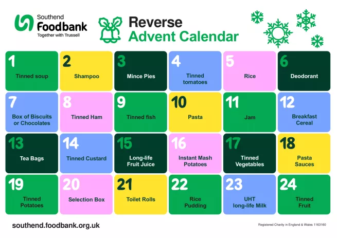 A grid of 24 items of food to donate, arranged in an advent calendar grid, including: soup, shampoo, mince pies, tinned tomatoes, rice, deodorant, box of biscuits, tinned ham, tinned fish, pasta, jam, cereal, teabags, custard, long life fruit juice, instant mash, tinned vegetables, pasta sauce, tinned potatoes, selection box, toilet rolls, rice pudding, long life UHT milk, tinned fruit.