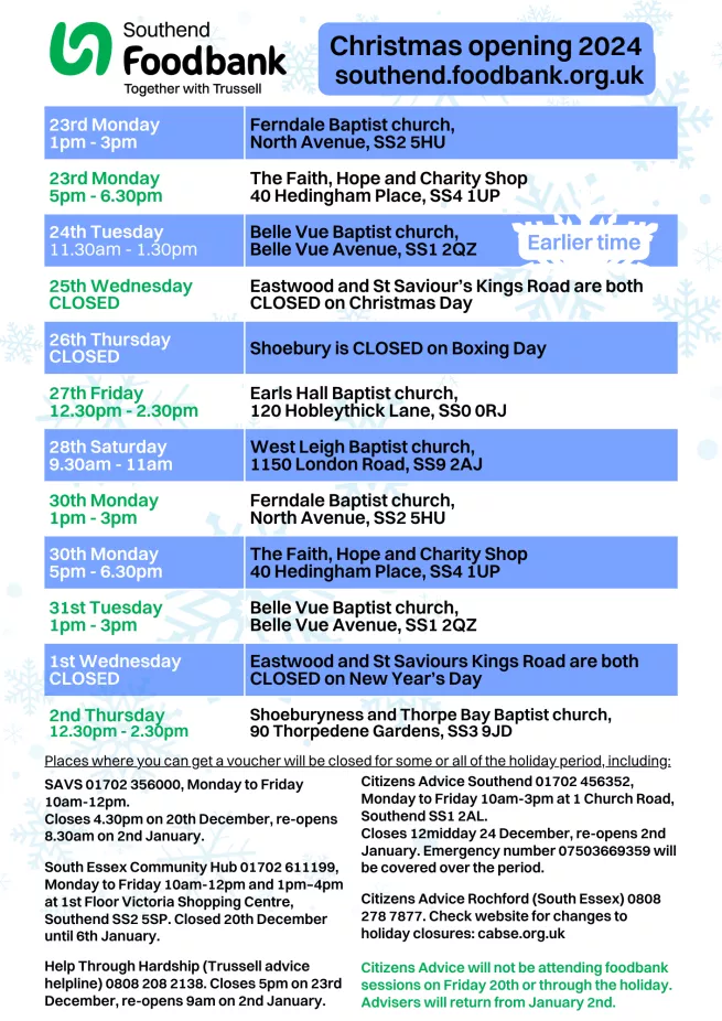 Southend Foodbank is CLOSED on Christmas Day, Boxing Day and New Years Day. The Belle Vue session on Tuesday 24th is earlier, running from 11.30am to 1.30pm. All other sessions are running as usual except Citizens Advice won't be attending. Everything goes back to normal from January 2nd.