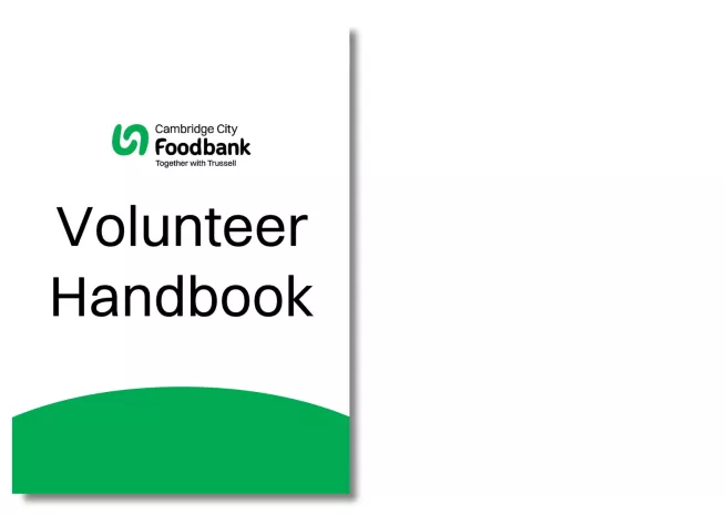 Image of the front cover of a volunteer handbook, with a green curve shape at the bottom and a Cambridge City Foodbank logo at the top.