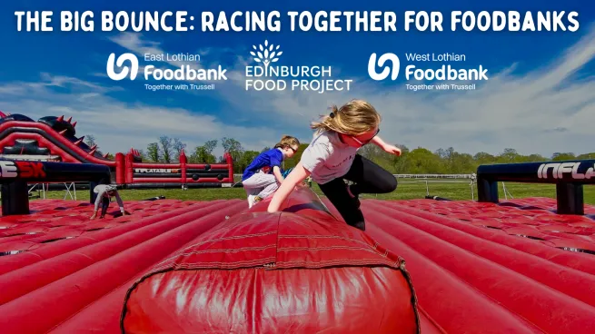 Headline is The Big Bounce: racing together for foodbanks. Photos shows participants jumping over an inflatable obstacle in the 5K inflatable challenge