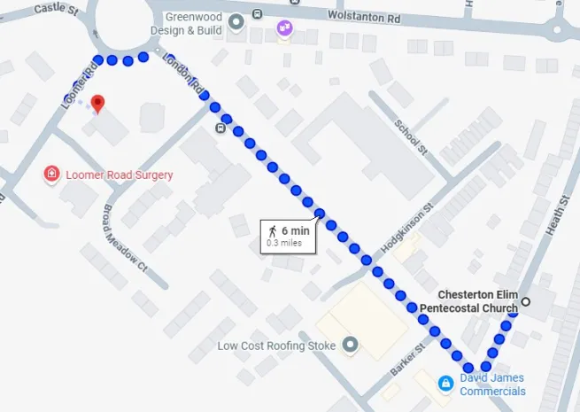 This map shows how to reach our new Foodbank centre at St John The Evangelist Church, Loomer Road, ST5 7JS, from our previous site in Heath Street.