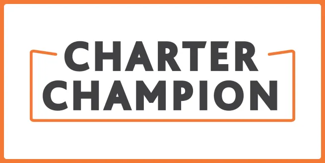 white and orange logo with black writing saying charter champion