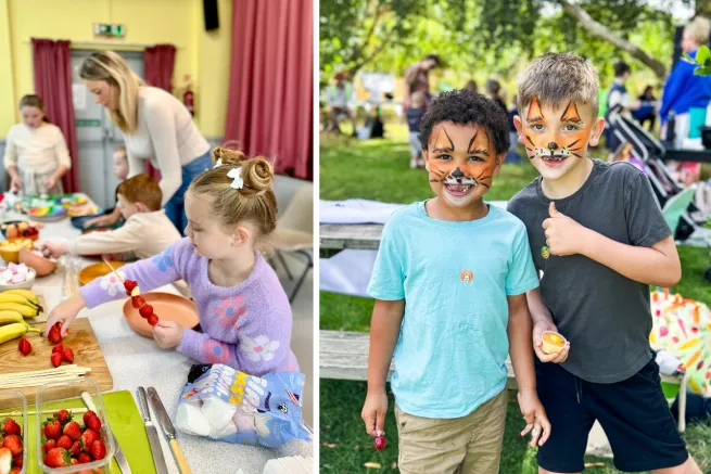 Children making food and in the park