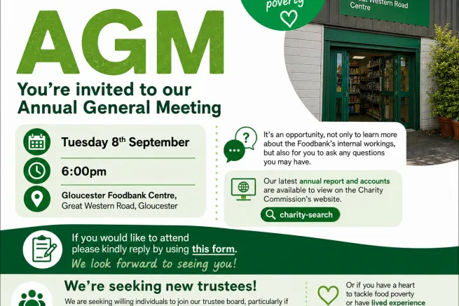Gloucester Foodbank AGM - Tuesday 8th September 2026 at 6pm