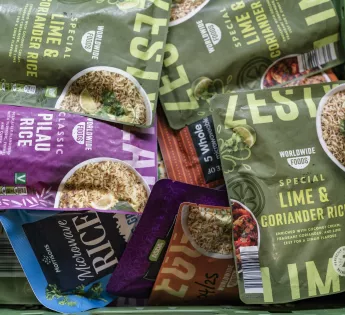 Packs of rice in a crate.