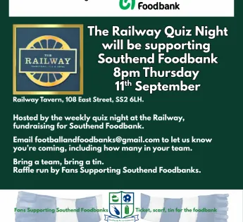 The Railway Quiz Night will be supporting Southend Foodbank, 8pm Thursday 11th September 2025.