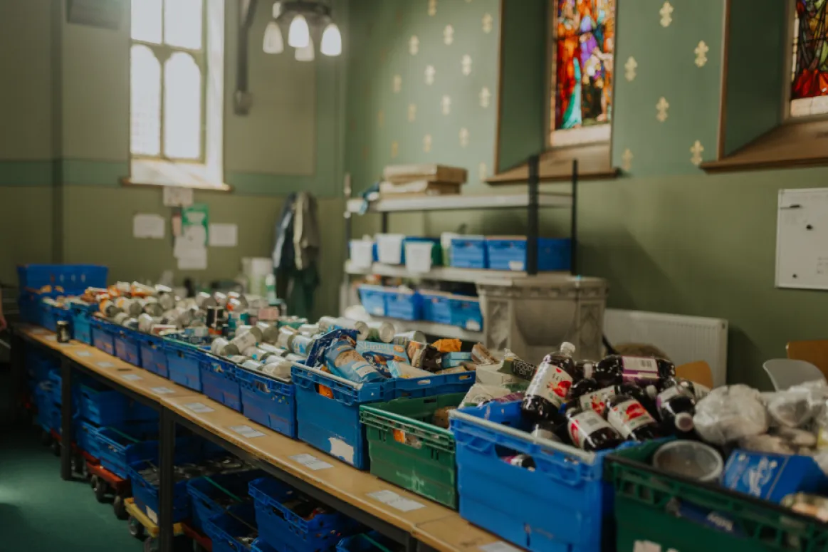 Crates of food inside a church