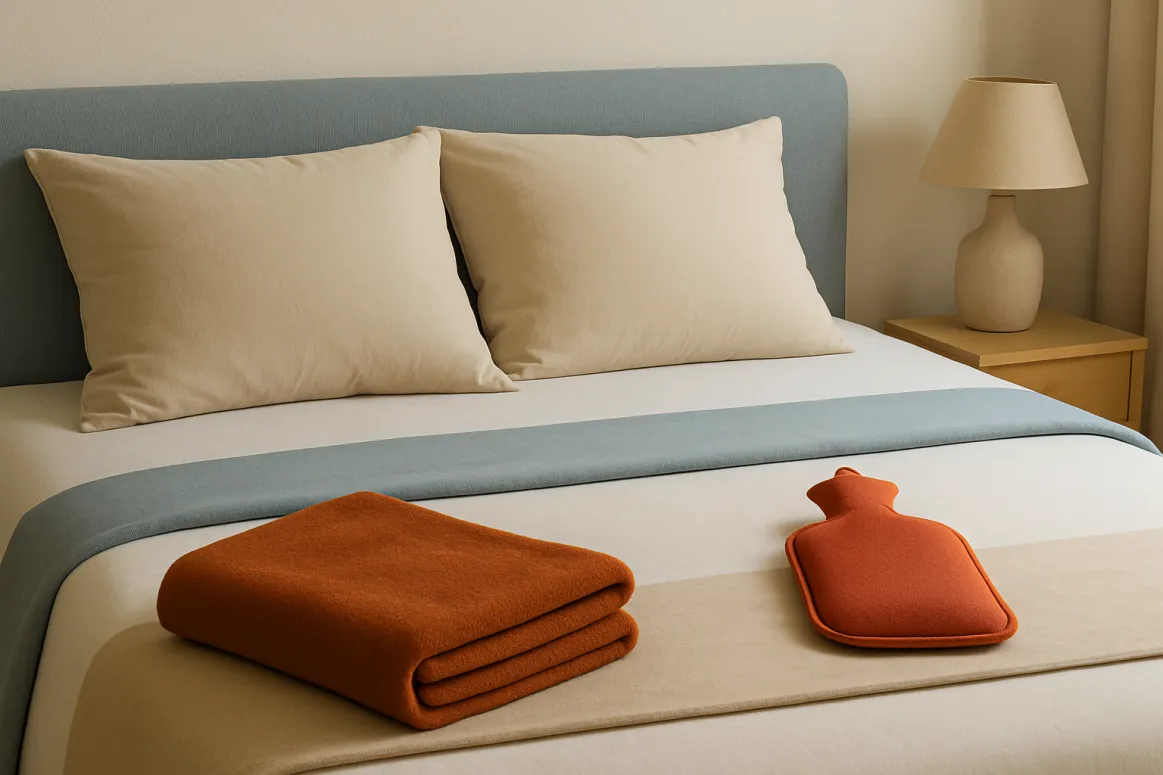 Bed with pillows, throw and hotwater bottle