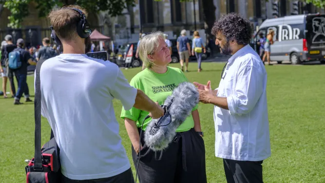 Emma Revie being interviewed outside Westminster