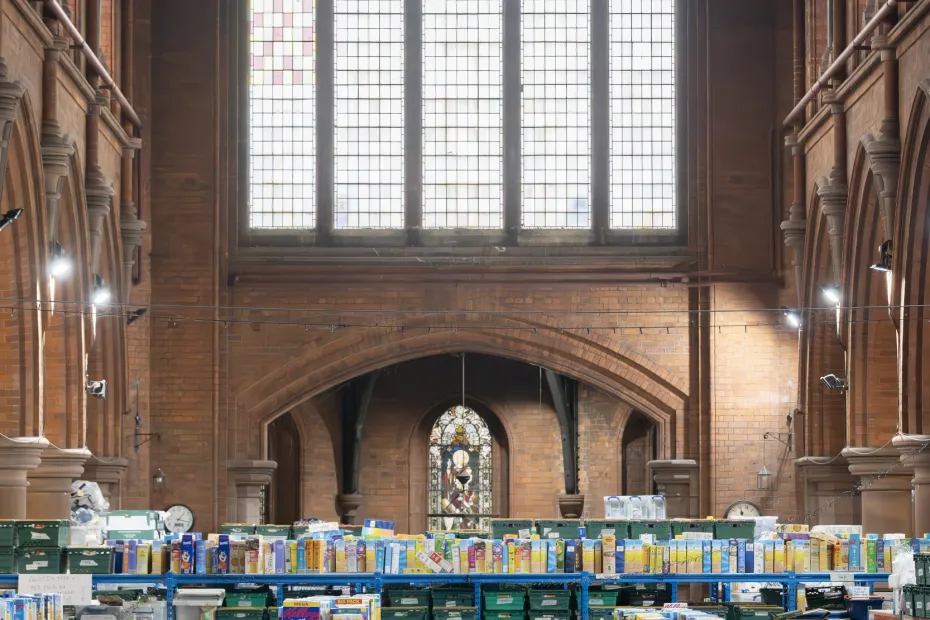 A food bank warehouse in a church