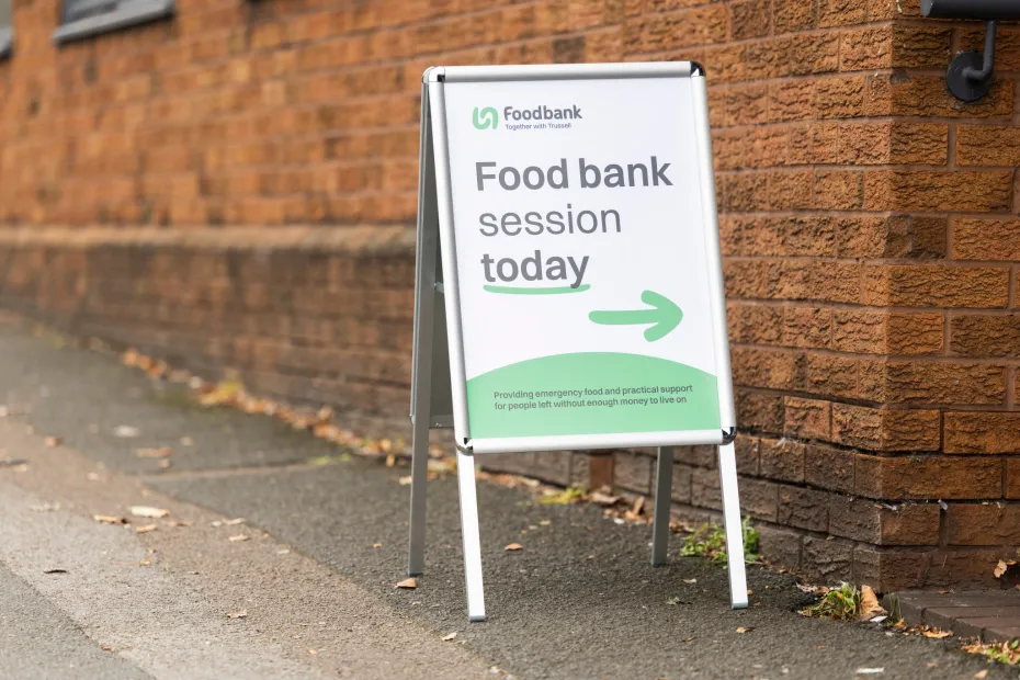 Sign outside food bank showing there is a session today