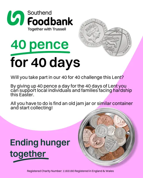 Image of two 20p coins and jar of change. 40 pence for 40 days. All you need is a jam jar or similar and start collecting!