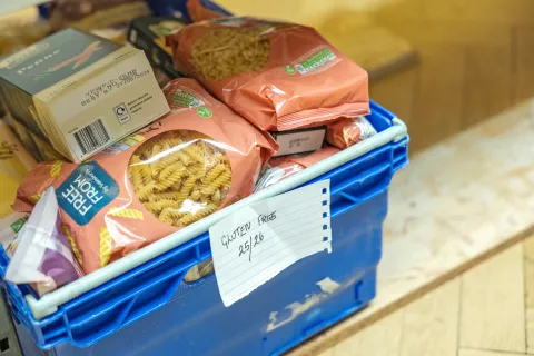 A crate full of gluten free pasta.