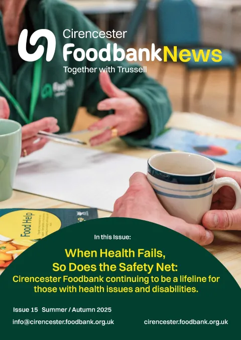Image of the front page of the foodbank newsletter, showing a table with information that provides details on support options and routes.