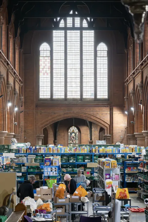 A food bank warehouse in a church