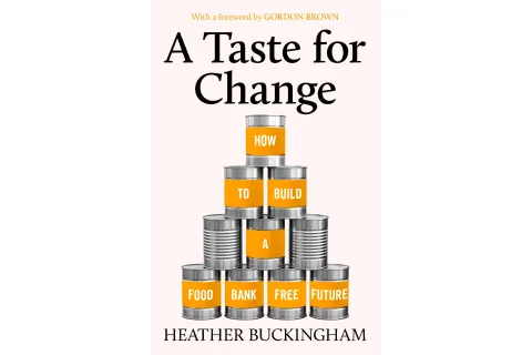 Tins of food stacked on each other with labels reading the subtitle of the book