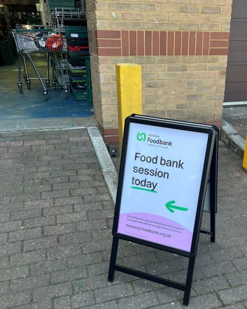 Picture of our A Frame stating food bank session today